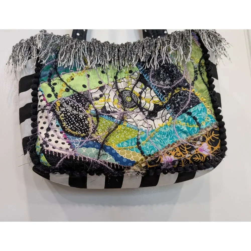 Quilted Patchwork Tote Purse Bag Boho Mixed Media Fringe Pikake Design Embelish